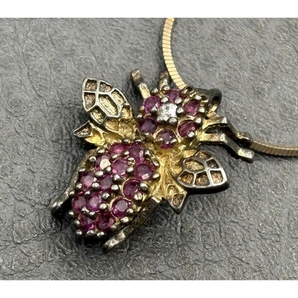 Vintage Insect Bee Ruby Sterling Silver  Pendant Brooch & Chain Necklace  17